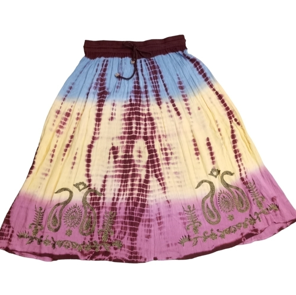Soft Surroundings Boho Gauzy Tie Dyed Maxi Skirt Blue Yellow Pink Size Petite Lg